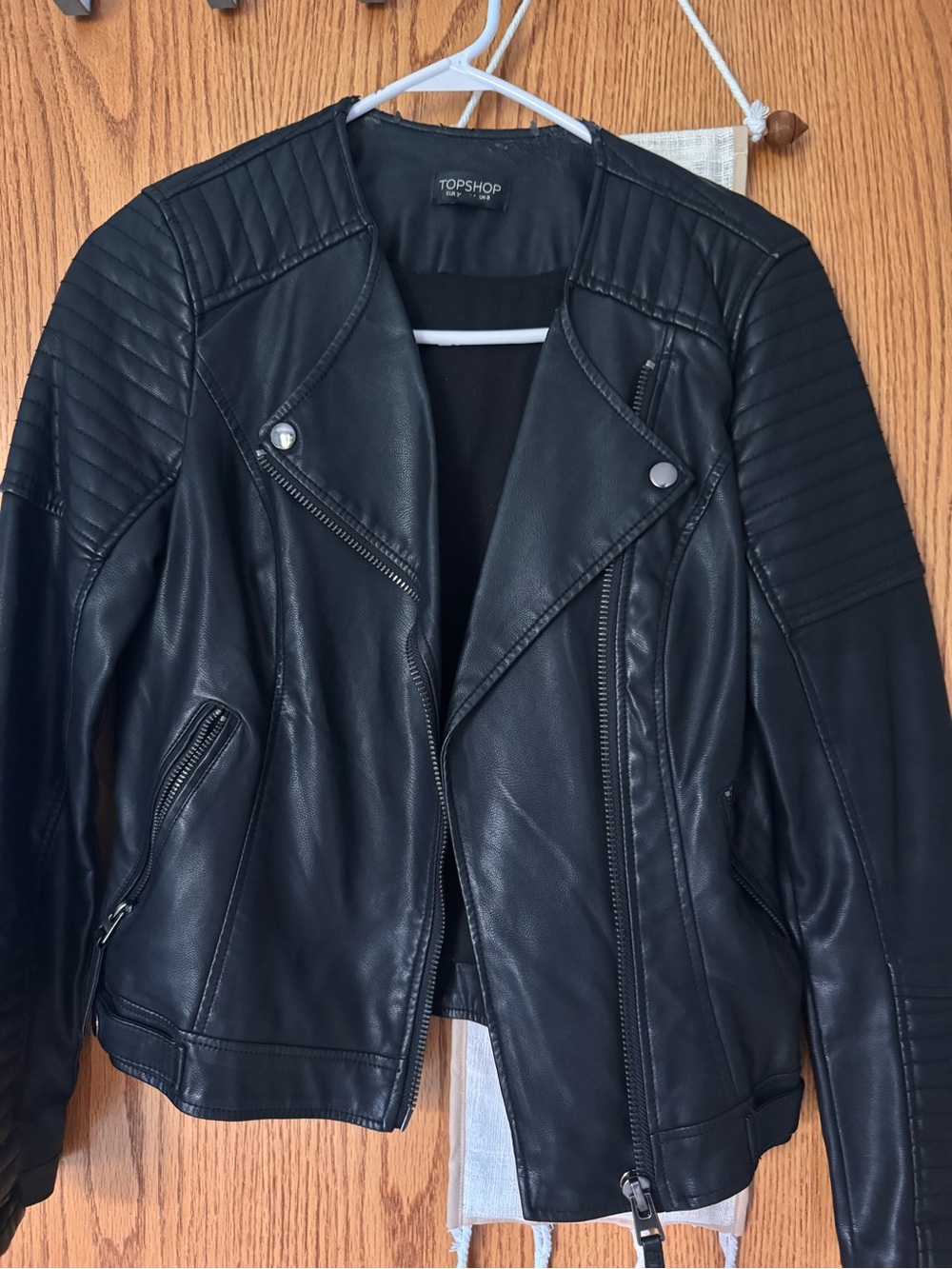 Topshop Black Quilted Faux Leather Moto Jacket with Zip Pockets
